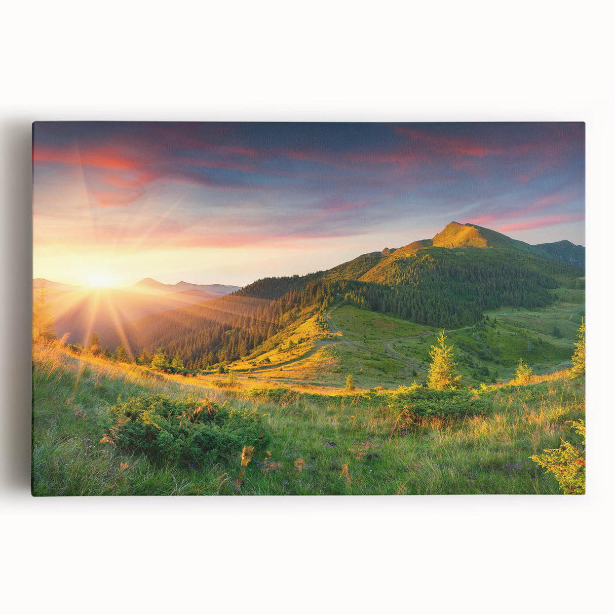 Stretched canvas wall art showcasing a vibrant valley landscape with rich green hills and a clear blue sky, perfect for home decor or artistic ambiance.