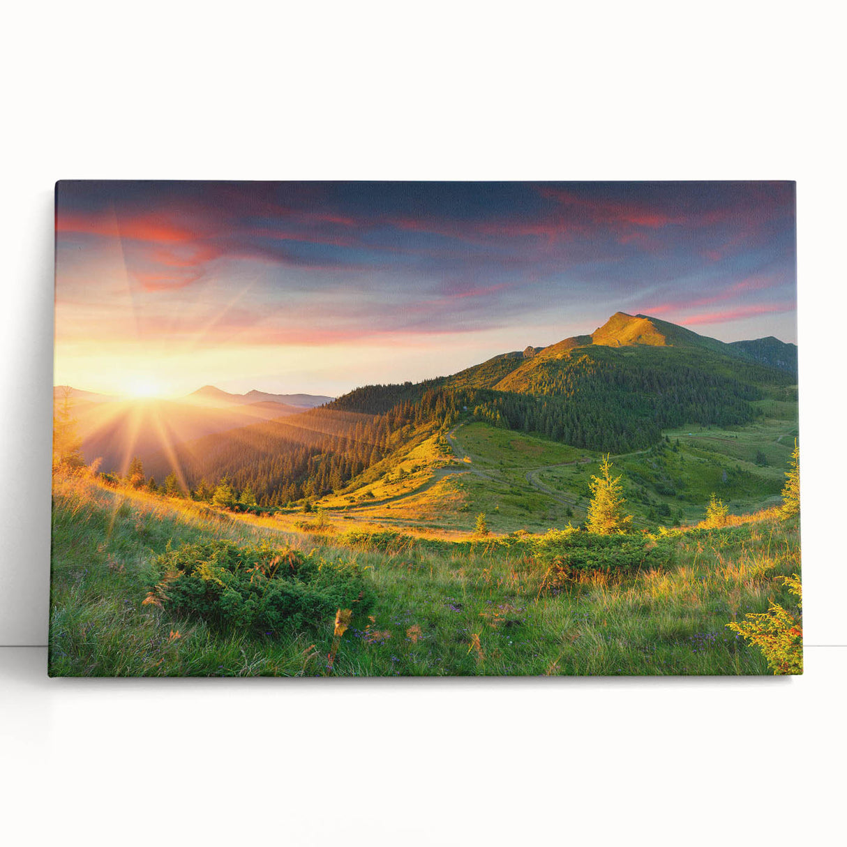Stretched canvas wall art featuring a serene valley landscape design, showcasing vibrant colors and intricate details, perfect for home decor or office spaces.