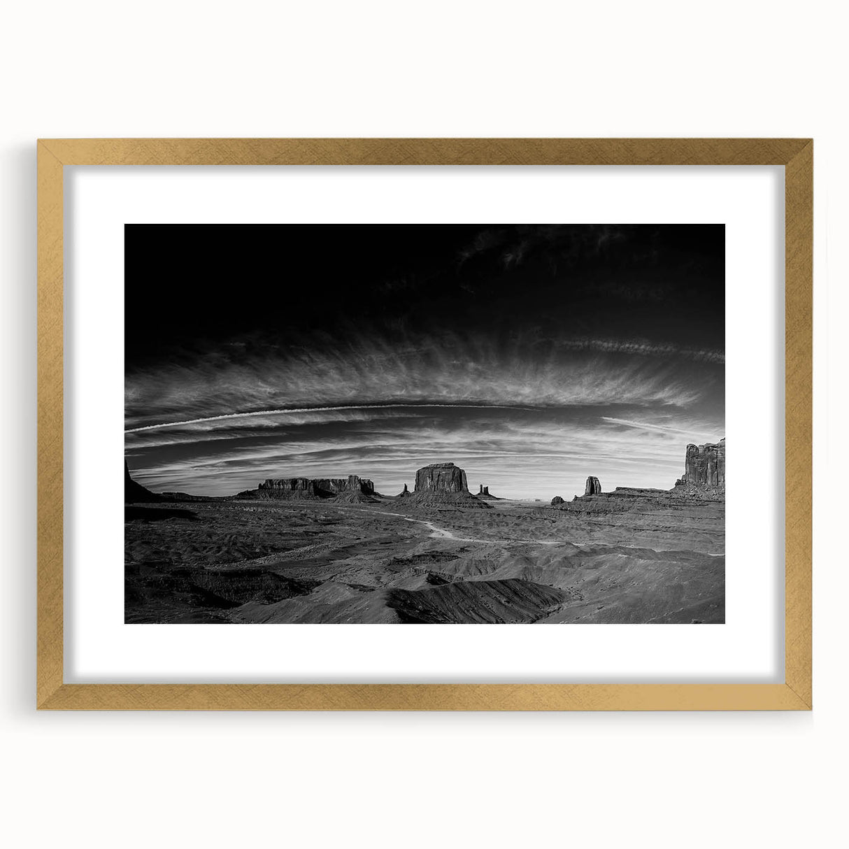 Framed wall art depicting a serene valley landscape design, featuring elegant gold accents and a mat border, ideal for enhancing home decor.
