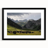 Framed black wall art featuring a serene valley landscape design, complete with a white mat, perfect for modern home decor and interior styling.