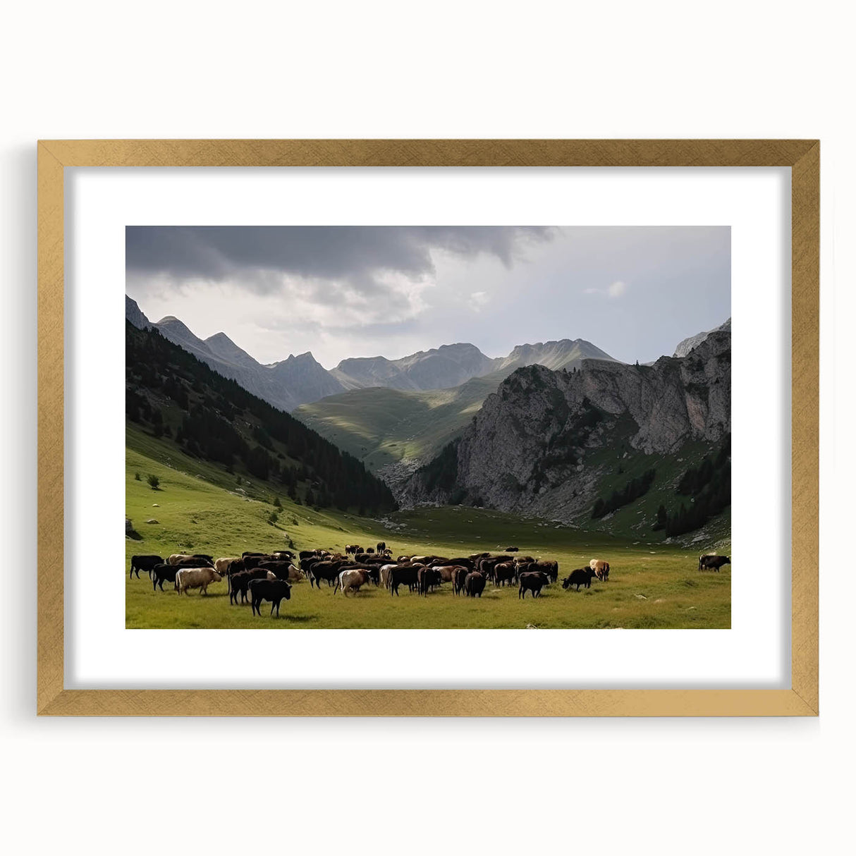 Framed wall art collection featuring a serene valley landscape design with a gold mat, perfect for enhancing home decor with a touch of elegance.