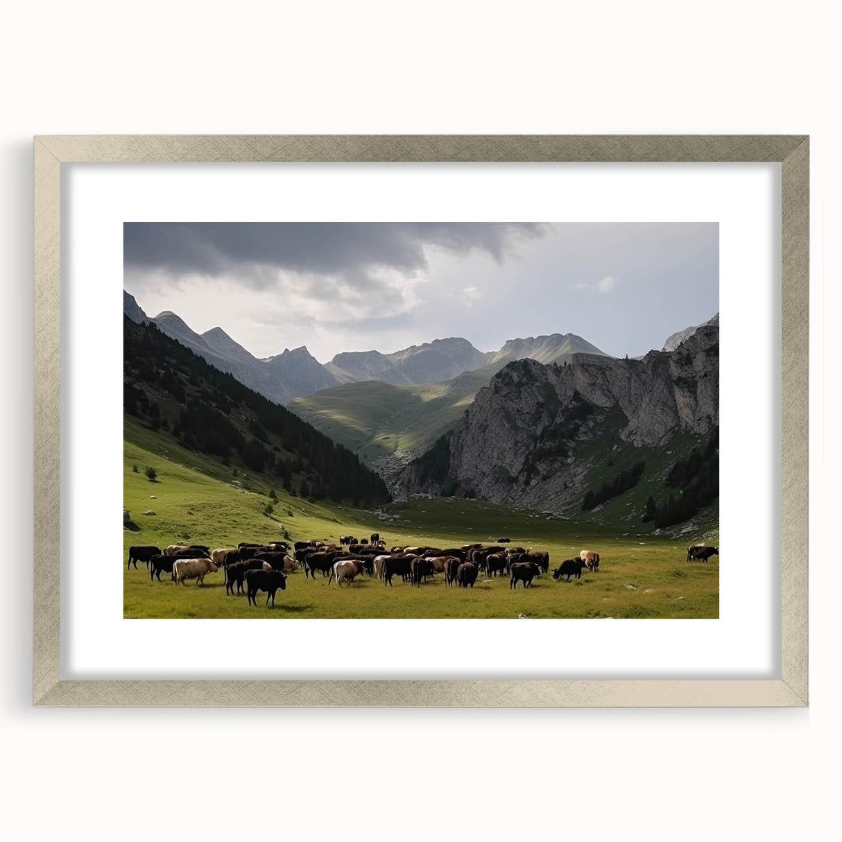 Framed silver wall art featuring a serene landscape valley design with a mat, showcasing vibrant colors and intricate details, perfect for home decor enhancement.