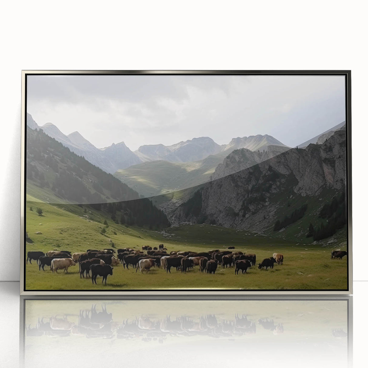 Framed acrylic wall art showcasing a serene valley landscape design in silver tones, perfect for enhancing modern living spaces with nature-inspired decor.