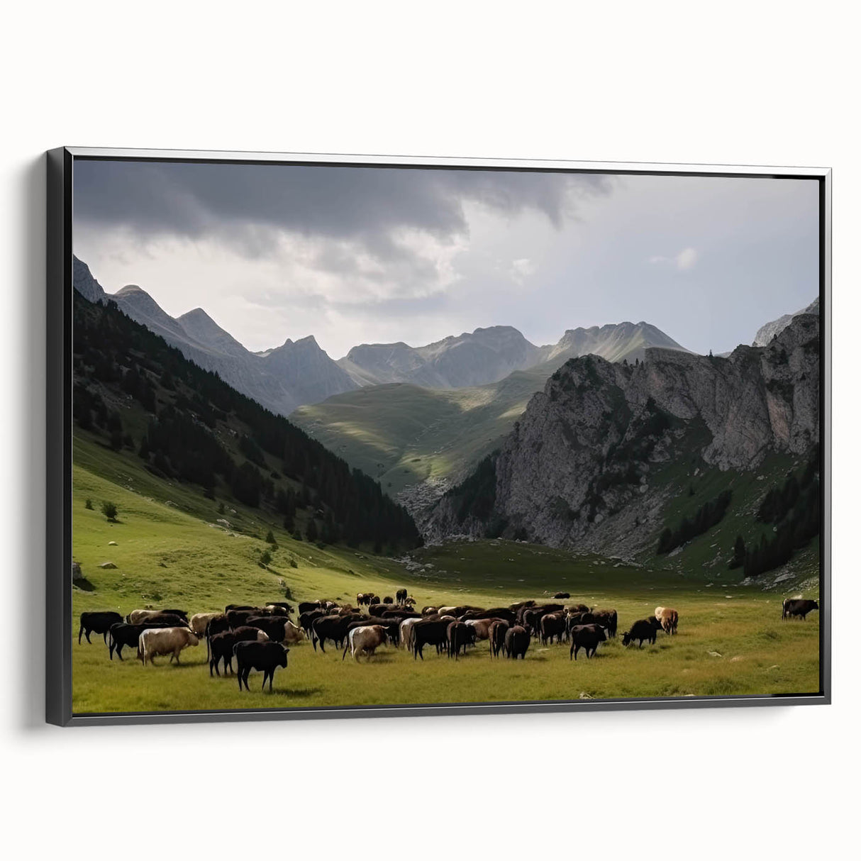 Framed canvas wall art showcasing a serene valley landscape design with vibrant colors and intricate details, viewed from the side, ideal for modern home decor.