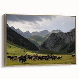 Framed canvas wall art from the Landscapes Valley Design 3 collection, featuring serene mountain scenery in earthy tones, accented with a gold frame for elegance.