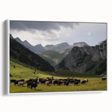 Framed canvas artwork showcasing a serene valley landscape in soft colors, displayed from a side view against a white wall, perfect for home decor.