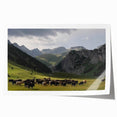 Serene valley landscape wall art print showcasing lush green hills, a clear blue sky, and gentle sunlight, ideal for home décor or office spaces.