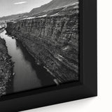 Framed canvas close-up showcasing a vibrant landscape design of a valley with rich greens and blues, perfect for modern home decor or art collectors.