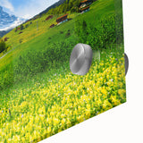 Close-up of a modern acrylic glass wall art piece showcasing a vibrant valley landscape design, featuring rich colors and intricate details, ideal for home decor.