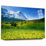 Acrylic glass wall art collection showcasing a serene valley landscape design, featuring vibrant colors and intricate details, presented in a side view without pins.