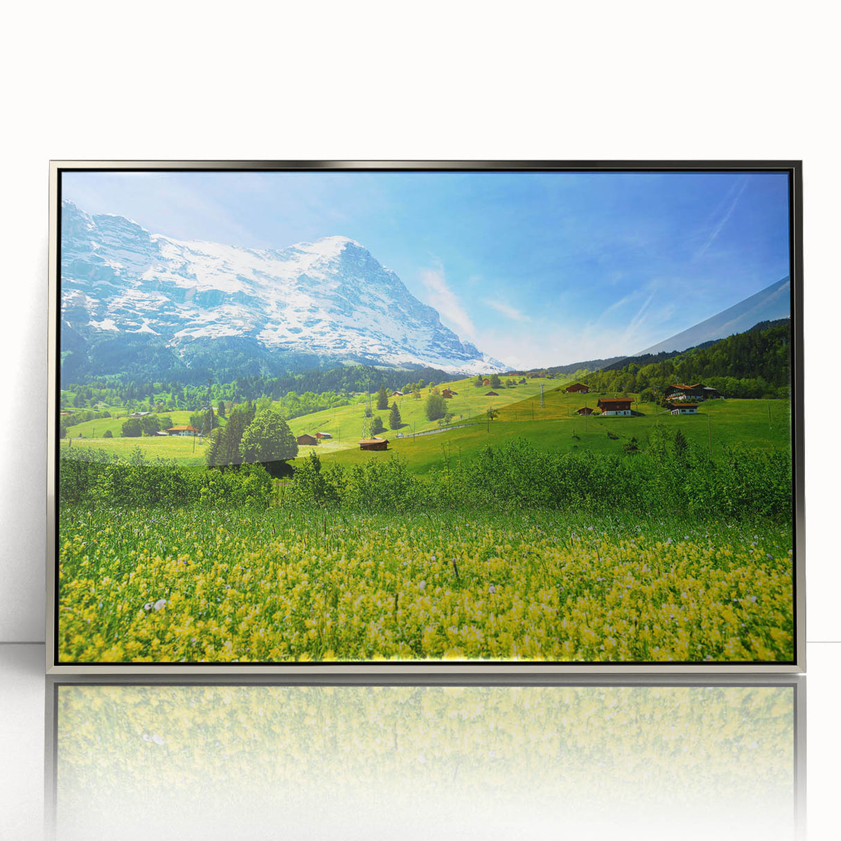 Framed acrylic wall art depicting a serene valley landscape in silver tones, showcasing vibrant colors and intricate details, perfect for enhancing home decor.