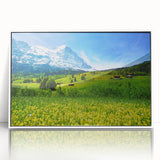 Framed acrylic wall art featuring a serene valley landscape design in a white frame, showcasing vibrant colors and intricate details, perfect for home decor.