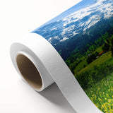 Serene landscape wall art design showcasing a picturesque valley scene with vibrant colors, printed on high-quality rolled canvas, perfect for home decor.