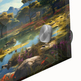 Close-up view of a stunning acrylic wall art piece showcasing a vibrant valley landscape design, featuring rich colors and intricate details, ideal for home decor.