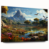 Acrylic wall art collection showcasing a vibrant valley landscape design with rich colors and intricate details, displayed from a side view without pins, emphasizing its modern aesthetic.