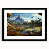Framed wall art showcasing a serene valley landscape design, featuring a black frame and mat, perfect for enhancing home decor with nature-inspired aesthetics.