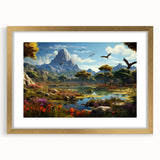 Gold-framed wall art depicting a serene valley landscape with rich colors and intricate details, enhanced by a white mat, perfect for home décor.