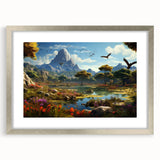 Framed silver mat wall art showcasing a serene landscape valley design, enhancing home decor with its tranquil colors and modern aesthetic. Perfect for living rooms or offices.