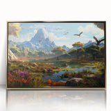 Framed acrylic wall art depicting a serene valley landscape with rich greens and golden hues, designed to enhance home decor with nature-inspired elegance.
