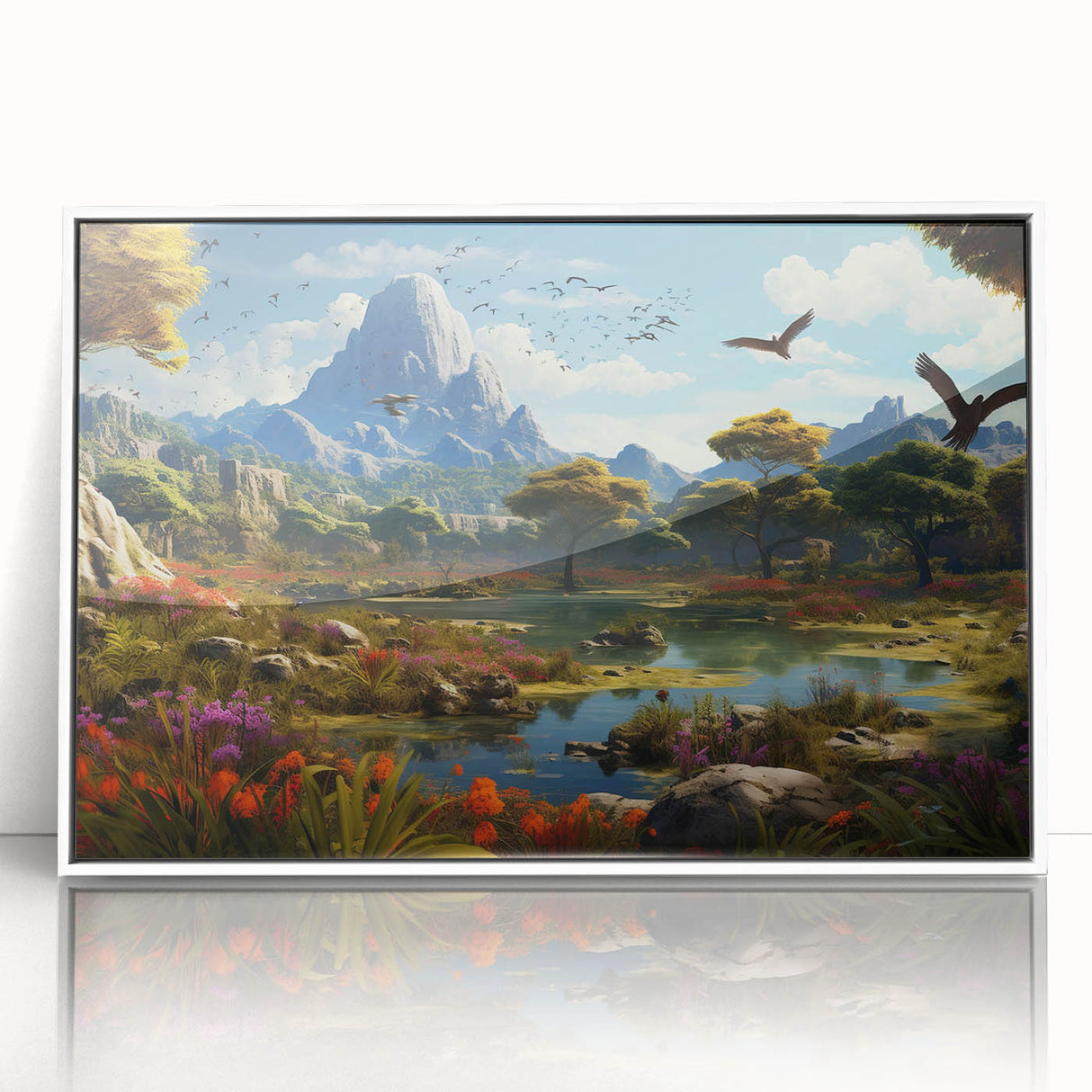 Framed wall art collection showcasing a serene valley landscape design with vibrant colors, white frame, and sleek acrylic finish, ideal for home decor.