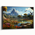 Framed canvas wall art depicting a serene valley landscape with vibrant greens and blues, showcasing a black frame and side view for an elegant touch.