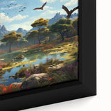 Framed canvas wall art showcasing a vibrant landscape design of a serene valley with lush greenery and mountains, perfect for home decor enhancement.