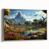Framed canvas wall art featuring a serene valley landscape design with vibrant colors and a sleek silver frame, ideal for enhancing modern home decor.