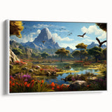 Framed canvas wall art featuring a serene landscape valley design with soft green hues and a white frame, providing an elegant touch to home decor.