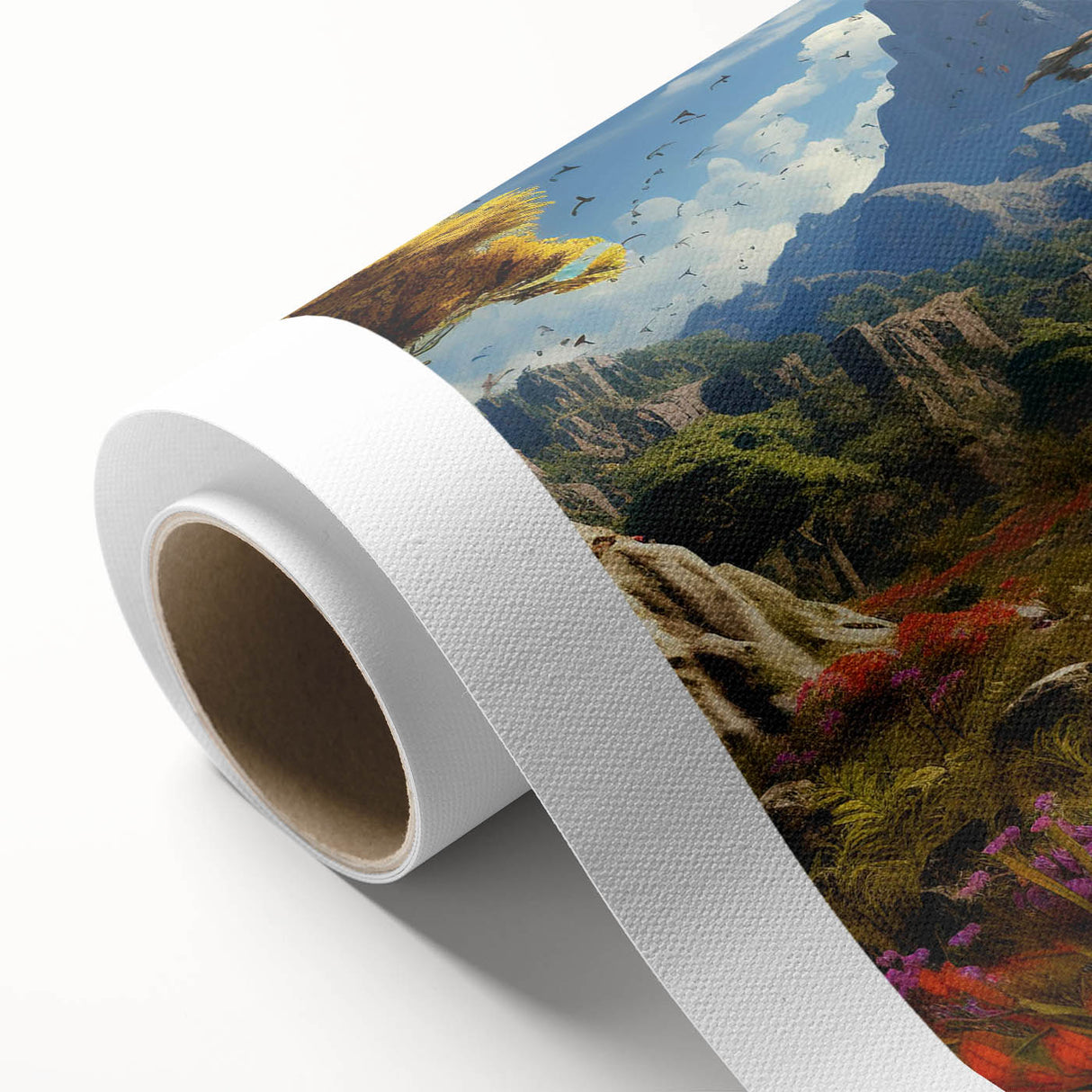 Vibrant rolled canvas showcasing a stunning valley landscape design, highlighting rich greens and blues, ideal for home decor or art collection.