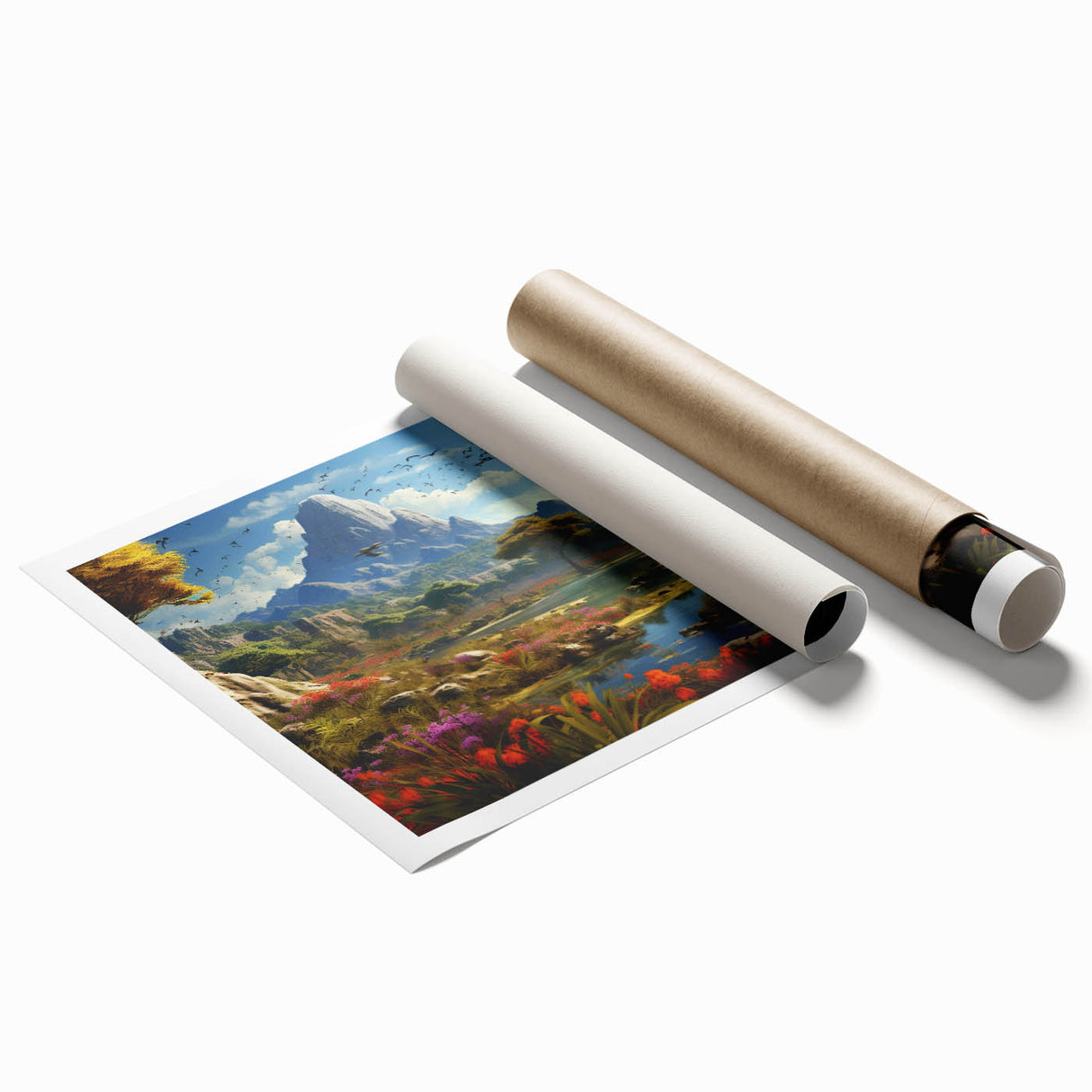 Stunning rolled print of a serene valley landscape, showcasing vibrant greens and soft blues, perfect for home decor or office art collection.