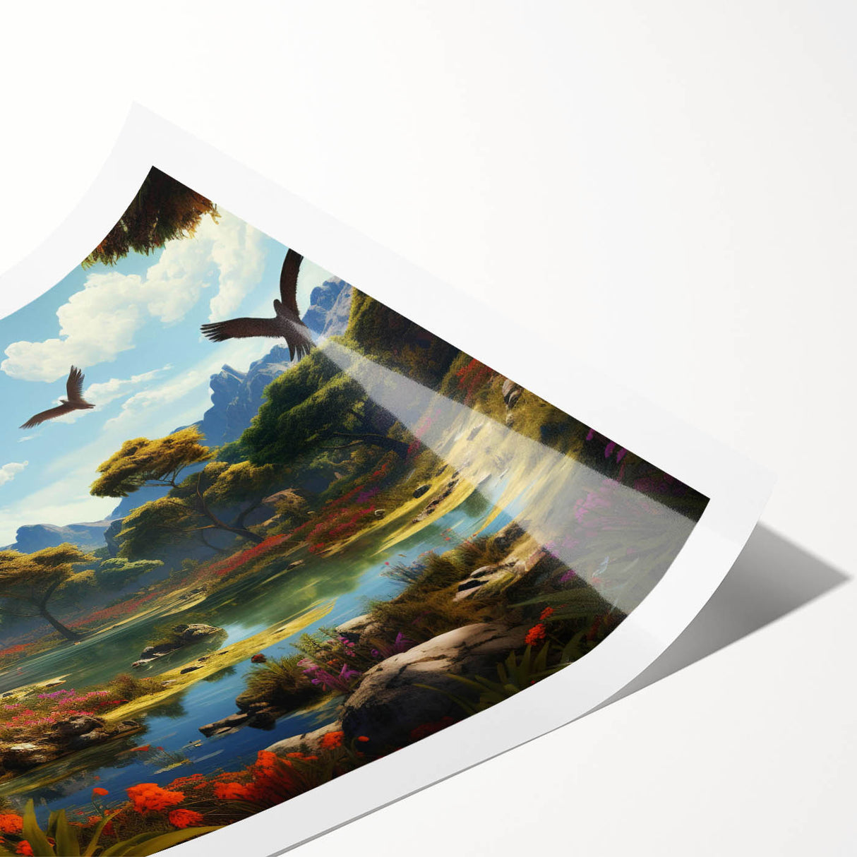 Vibrant rolled print of a serene valley landscape, showcasing lush green hills and a clear blue sky, ideal for home decor or office art collections.