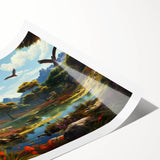 Vibrant rolled print of a serene valley landscape, showcasing lush green hills and a clear blue sky, ideal for home decor or office art collections.