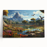 Stretched canvas wall art depicting a serene valley landscape with vibrant greens and blues, elegantly leaning against a neutral wall, perfect for home decor enhancement.
