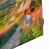 Close-up of a vibrant acrylic glass wall art piece showcasing a scenic valley landscape design, featuring rich colors and intricate details, perfect for home decor.