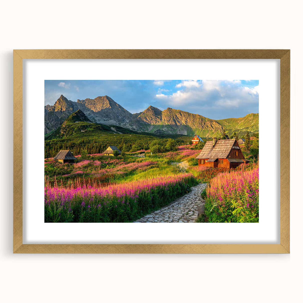 Valley landscape wall art collection framed in gold, showcasing vibrant colors and intricate details, perfect for enhancing home decor and creating a serene atmosphere.