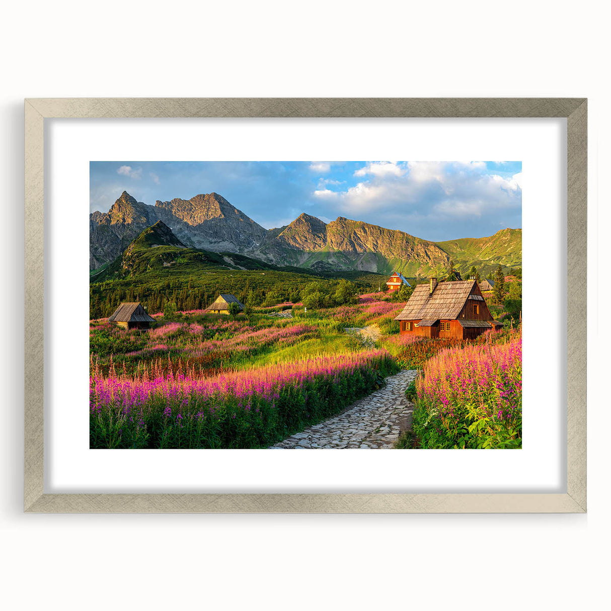 Framed landscape wall art collection featuring a serene valley scene with vibrant colors, silver matting, and a sleek frame, perfect for home decor.