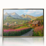 Framed acrylic wall art showcasing a serene landscape of a valley, featuring rich gold accents and a modern design, perfect for home decor.