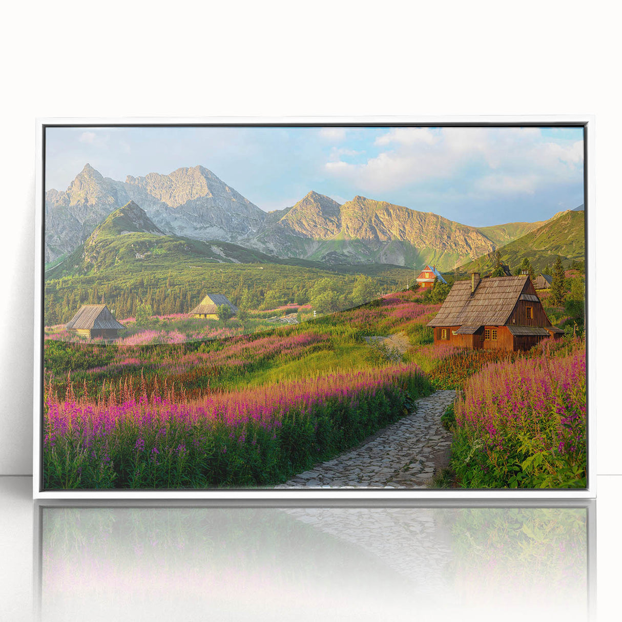 Framed acrylic wall art collection showcasing a serene valley landscape with vibrant colors, ideal for home decor to enhance any living space.