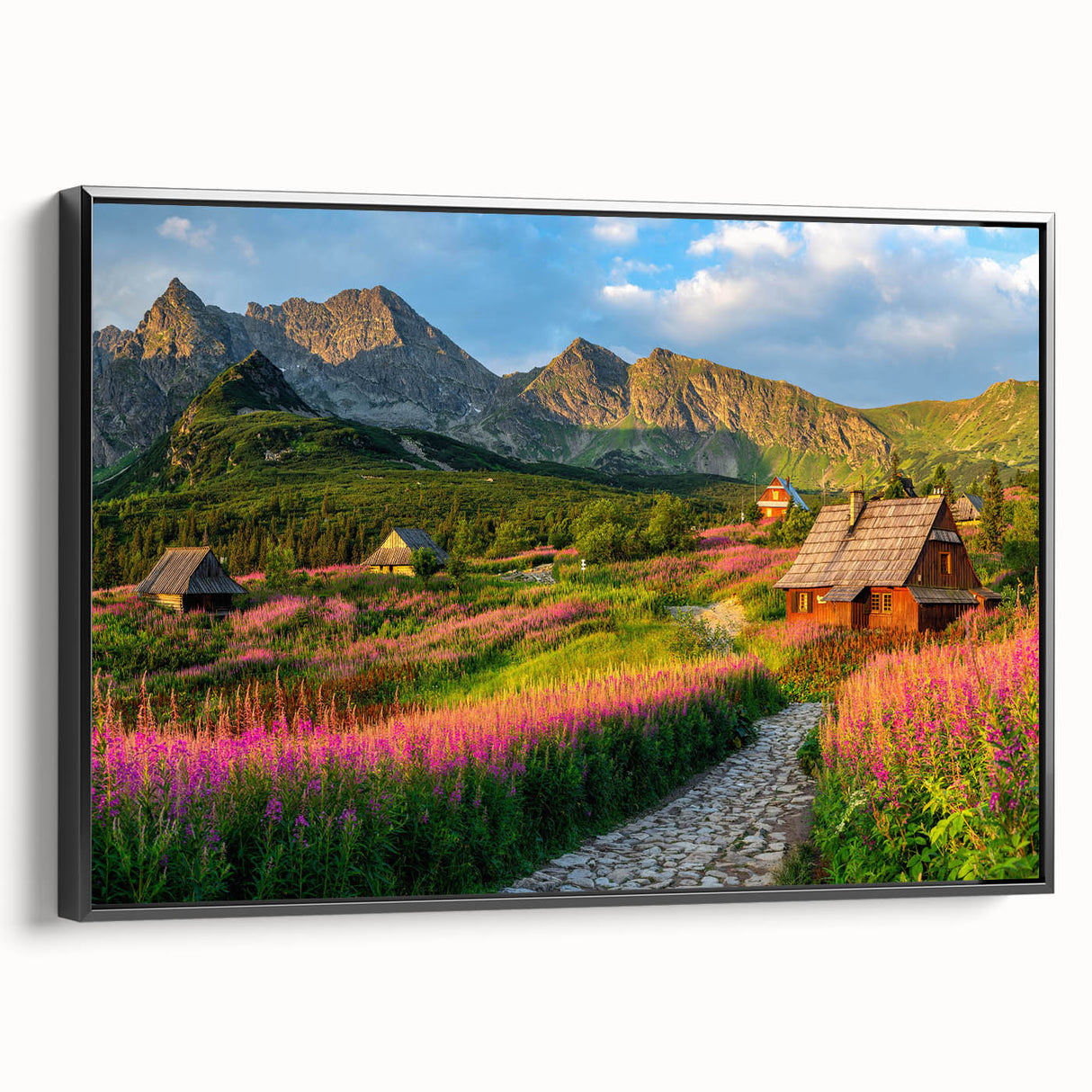 Framed canvas wall art showcasing a serene valley landscape design with rich greens and blues, viewed from the side, perfect for enhancing home decor.