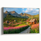 Framed canvas wall art showcasing a serene valley landscape design with silver accents, ideal for home decor, creating a calming atmosphere in any room.