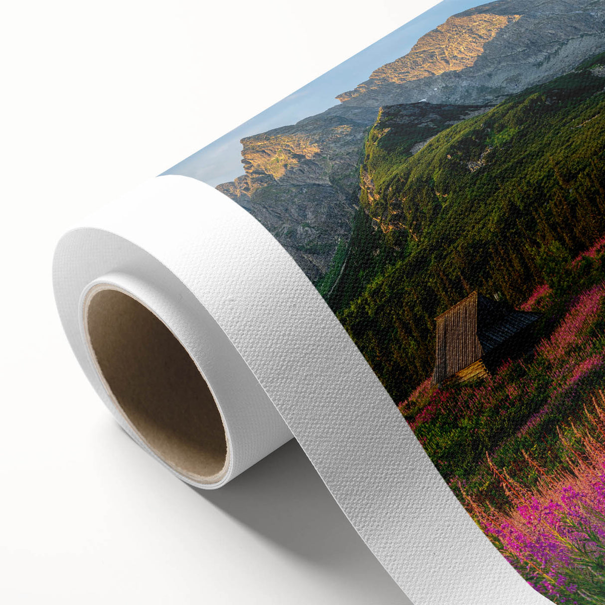 Stunning rolled canvas showcasing a serene valley landscape with lush greenery and vibrant colors, perfect for home decor and artistic ambiance in any room.