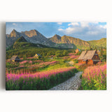 Stretched canvas artwork depicting a serene valley landscape with vibrant colors, ideal for home decor. Perfect for nature enthusiasts and art lovers alike.