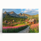 Stretched canvas wall art showcasing a serene valley landscape design, featuring lush greenery and soft, warm colors, perfect for home decor enhancement.