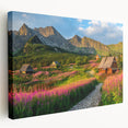 Stretched canvas wall art displaying a serene valley landscape with lush greenery and rolling hills, showcasing vibrant colors and intricate details, perfect for home decor.