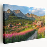 Stretched canvas wall art displaying a serene valley landscape with lush greenery and rolling hills, showcasing vibrant colors and intricate details, perfect for home decor.