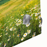 Close-up of an acrylic glass wall art piece showcasing a vibrant valley landscape design, featuring lush greenery and dramatic mountains, ideal for modern decor.