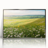 Framed acrylic wall art showcasing a serene valley landscape with rich green hues and silver accents, perfect for enhancing modern home decor.