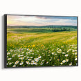 Framed black canvas wall art showcasing a serene valley landscape with vibrant colors, enhancing home decor with a modern touch and artistic flair.
