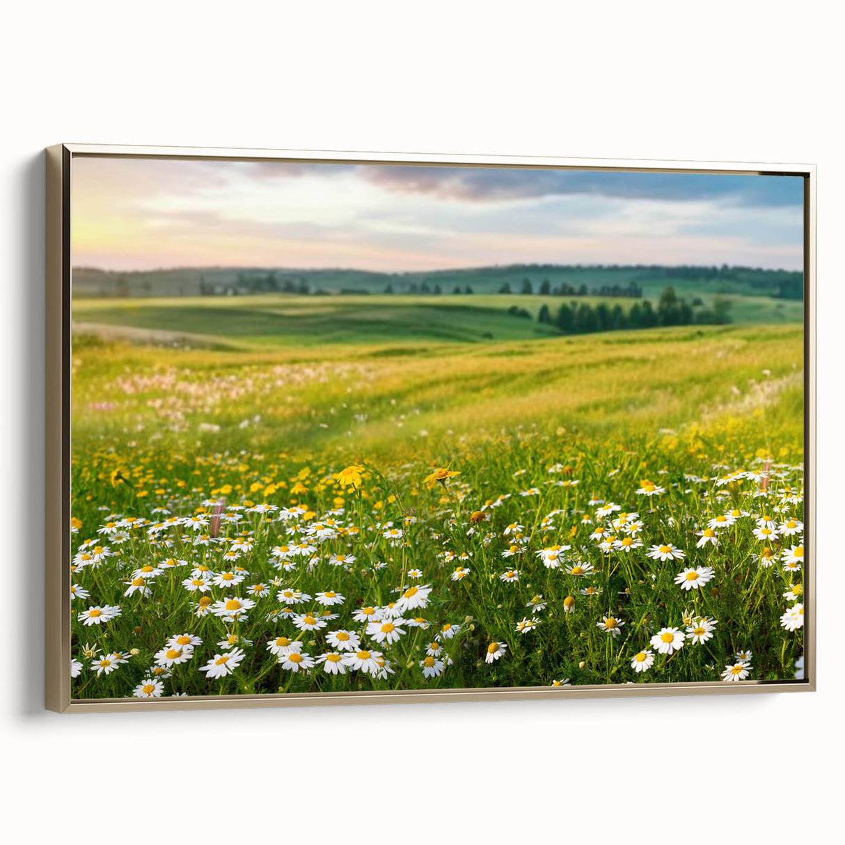 Framed canvas wall art showcasing a stunning valley landscape with rich colors and gold accents, designed to add elegance to any space. Ideal for nature lovers and home decor enthusiasts.