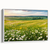 Framed canvas wall art showcasing a serene valley landscape design with vibrant colors and intricate details, elegantly displayed in a white frame for modern decor.